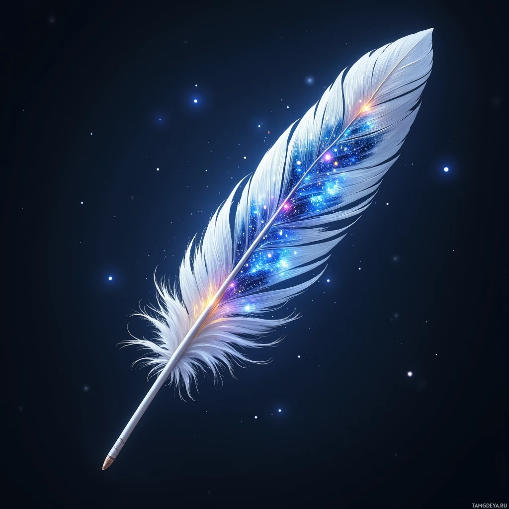 A glowing white feather with a cosmic background.