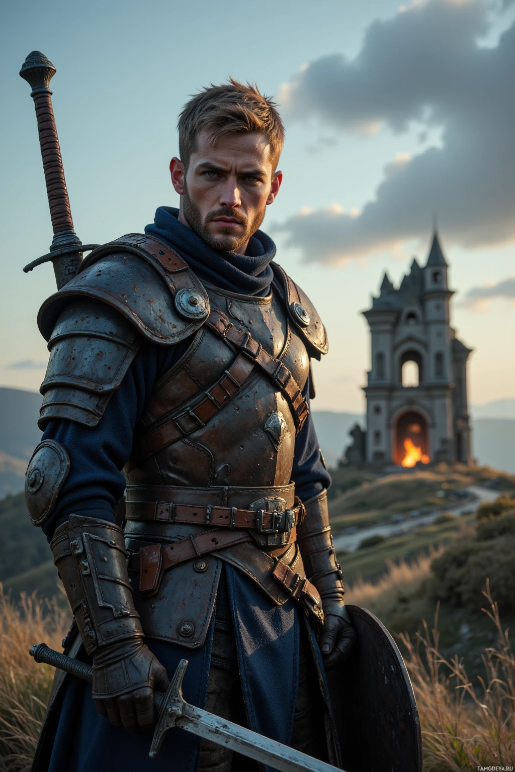 Realistic high quality photo. Rugged 34-year-old male warrior with short worn blonde hair, piercing blue eyes, weathered skin, strong jawline, wearing dented practical armor and a large sword slung across his back, stands on a wind-swept ridge beside a crumbling shrine, holding a shield in one hand, at twilight, exuding stoic determination and solitude.
