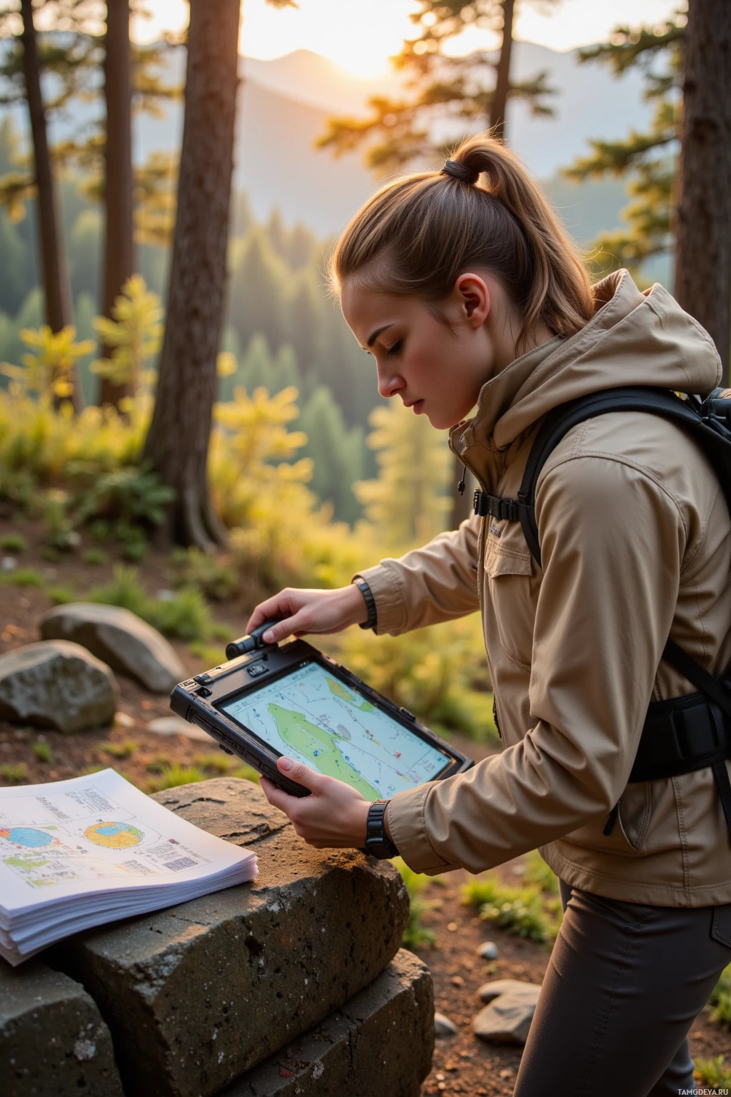 Realistic high quality photo. A 34‑year‑old woman with a light brown ponytail, blue eyes, pale skin, wearing a beige outdoor jacket, khaki pants, and rugged hiking boots, standing in a dawn‑lit backcountry forest, pointing a laser at a tablet screen displaying a trail map while a stack of paperwork sits on a nearby rock, sunrise light filtering through tall trees, atmosphere of precise, methodical work and quiet wonder.