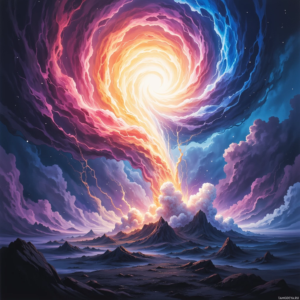 A vibrant cosmic scene with swirling clouds and lightning in a night sky over rugged terrain.