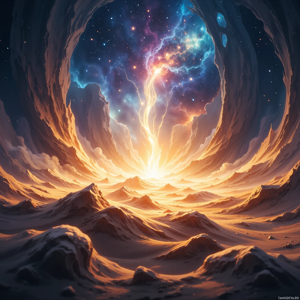 A fantastical landscape featuring a cave opening to a vibrant, star-filled sky with glowing nebulae and a radiant light source.