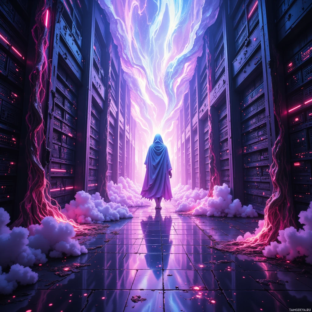 A figure in a hooded cloak stands at the entrance of a futuristic, neon-lit corridor leading to a bright, glowing portal.