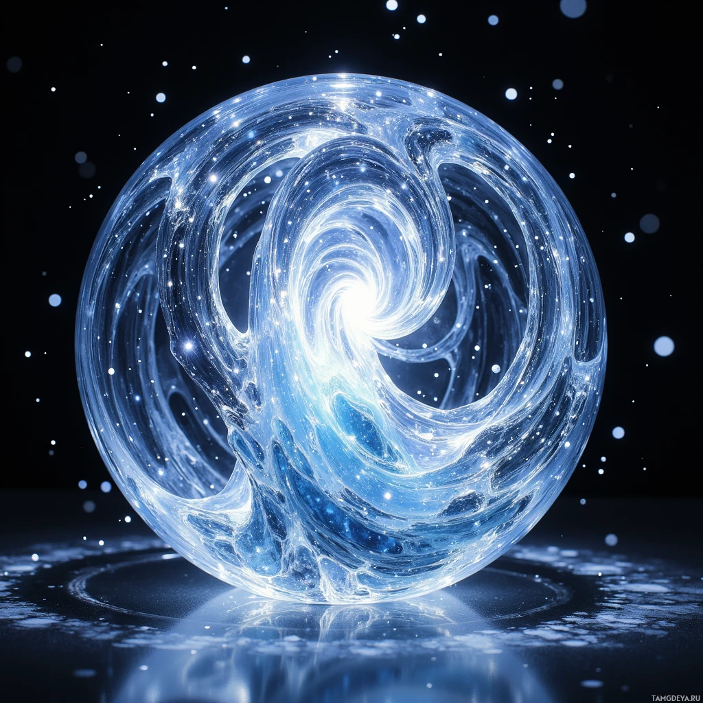 A glowing, swirling blue orb with sparkling particles against a dark background.
