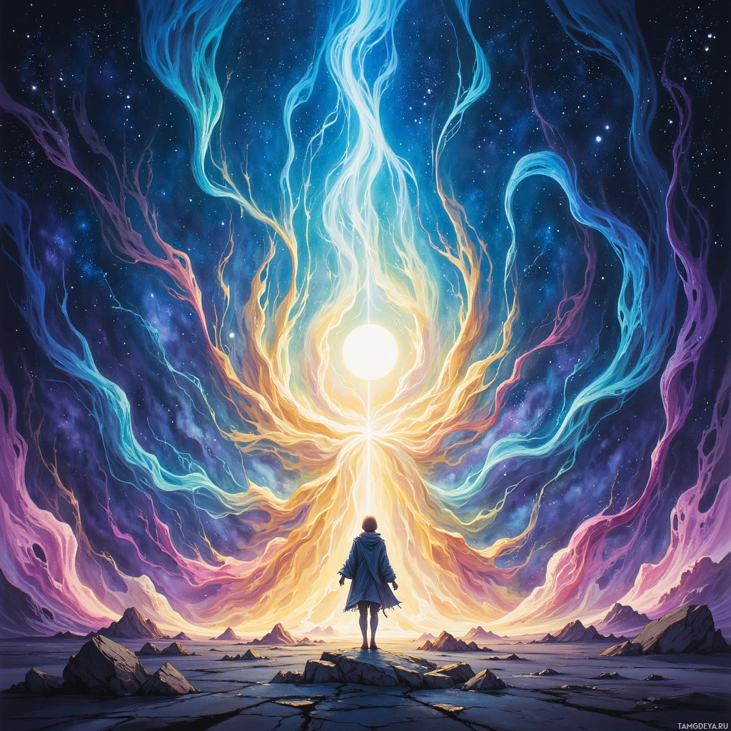 Semi-abstract image with many empty light space at center of beautiful background, that is suitable for the post:  Guardian of whimsy, I hear moonlight ribbons fold the city and believe each stranger is a sunrise in disguise.