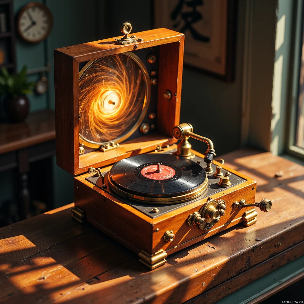 A vintage record player with a glowing spiral design inside its glass cover sits on a wooden table.