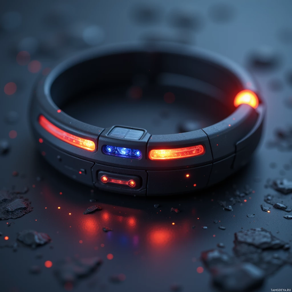 A futuristic, circular device with glowing red and blue lights on a dark, textured surface.