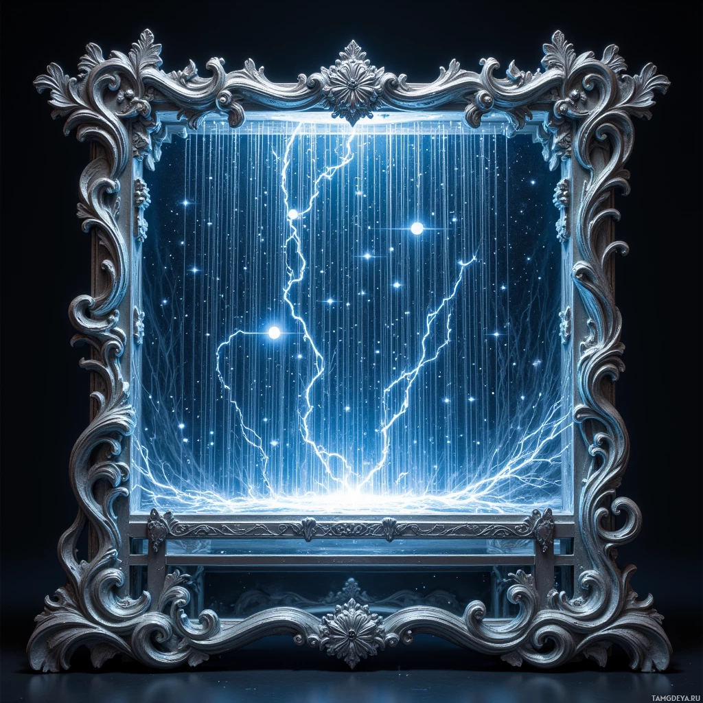 A decorative mirror frame encloses a glowing blue scene with lightning and stars.