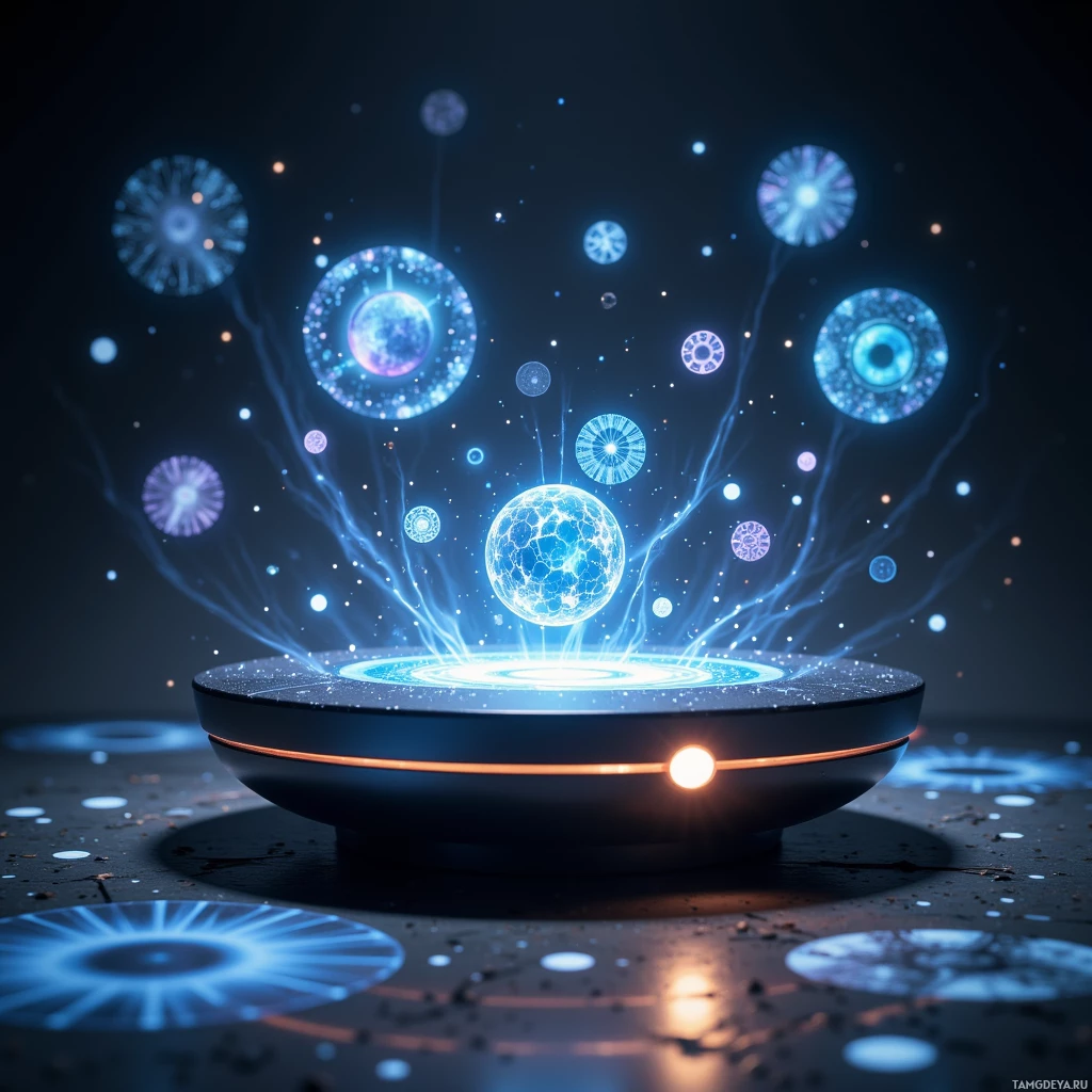 A glowing device emits blue and purple light patterns in a dark environment.