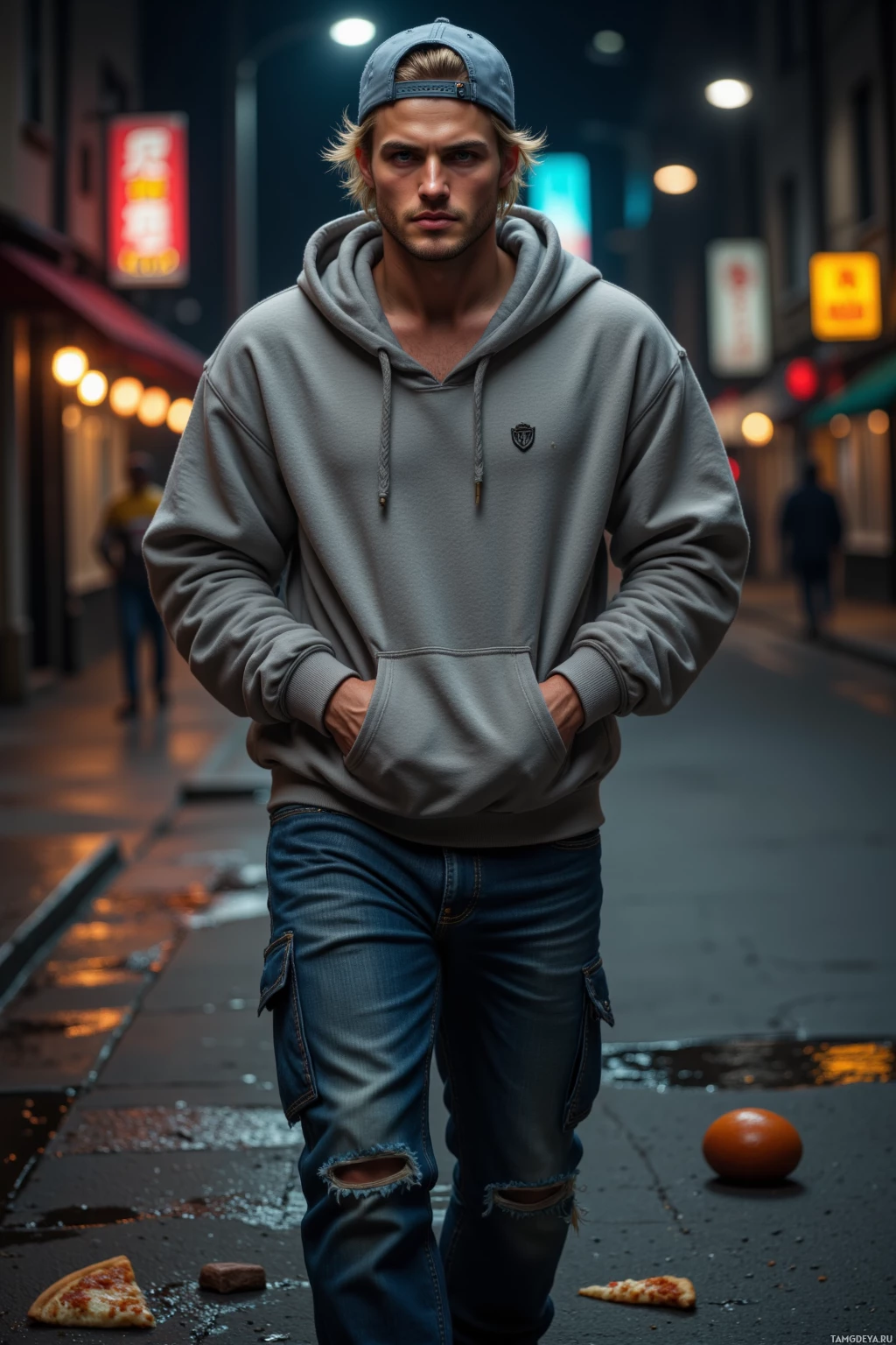 A person stands on a wet street at night, wearing a hoodie and jeans, with a pizza slice on the ground nearby.