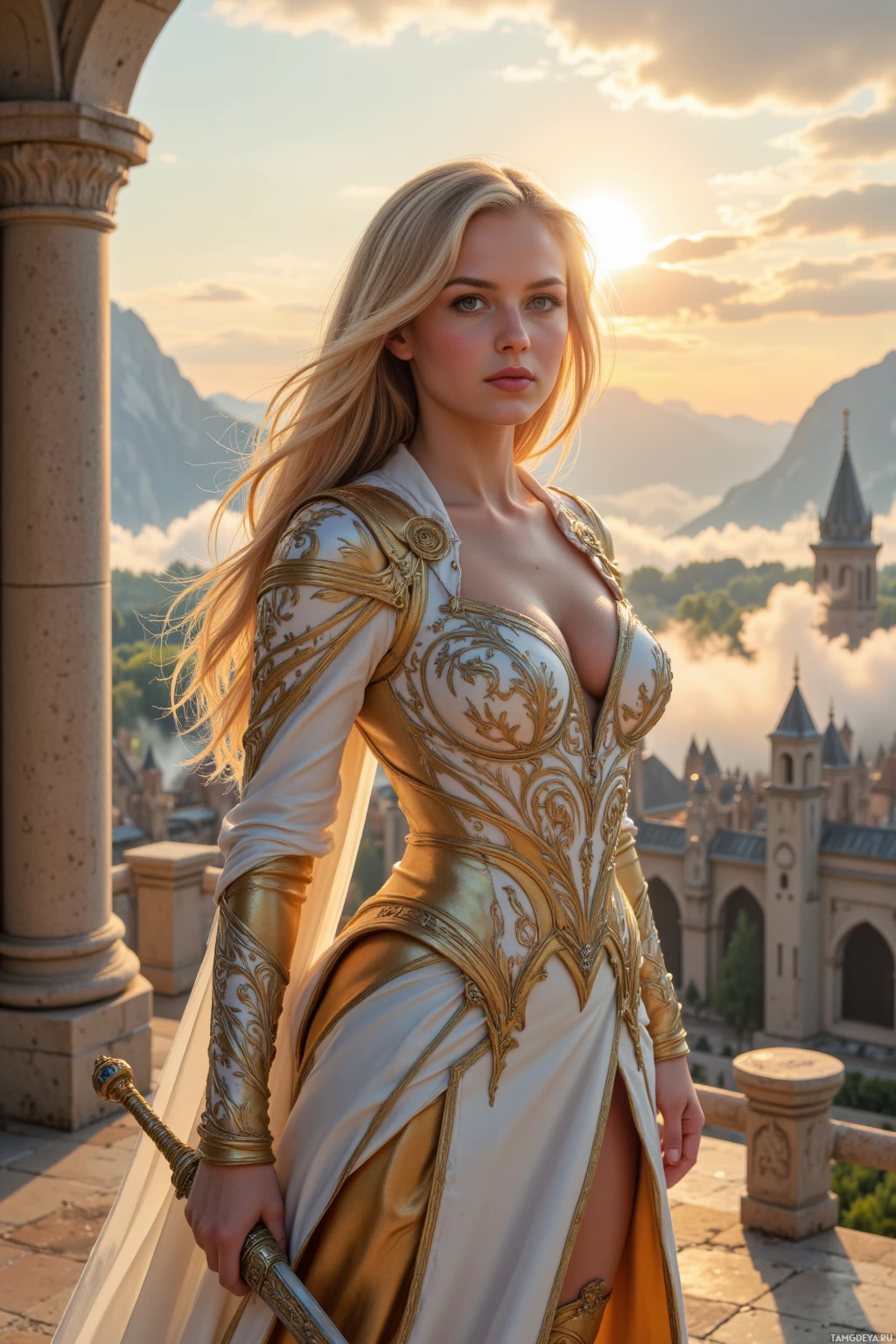 A woman in ornate armor stands on a balcony overlooking a castle and mountains at sunset.