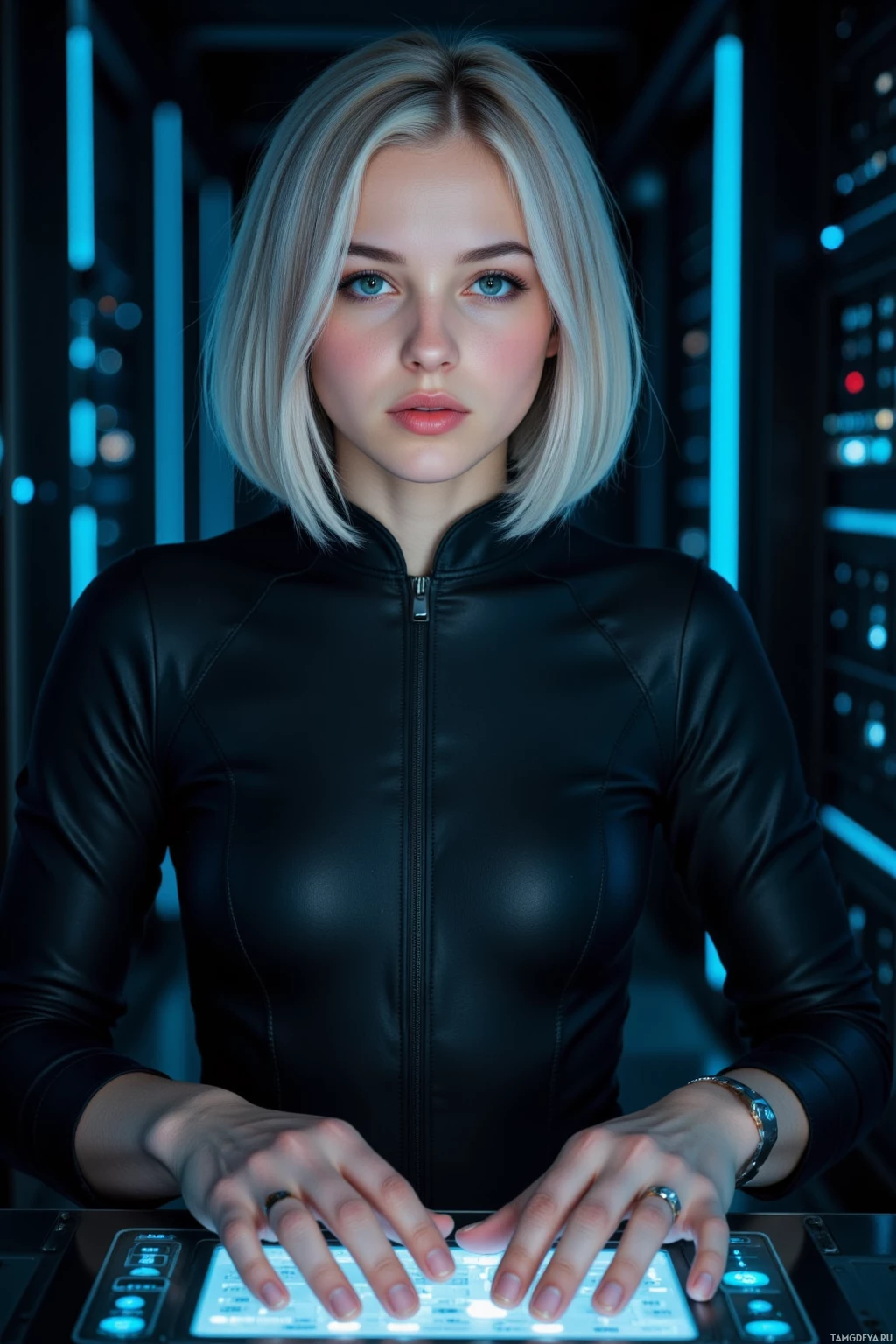 A person in a black leather jacket stands in a futuristic setting, typing on a glowing keyboard.