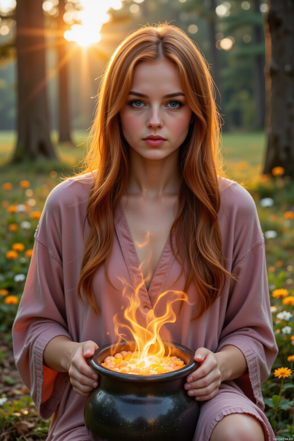 A person with long red hair holds a glowing pot in a forest setting.