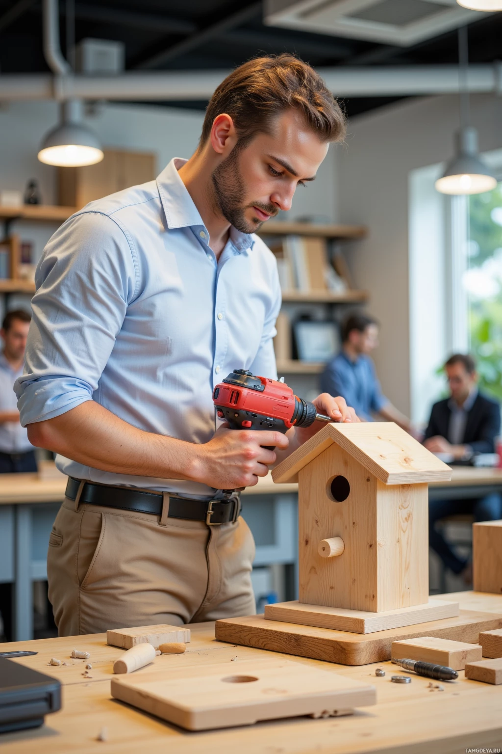 A person is using an electric drill to work on a wooden birdhouse in a workshop setting.