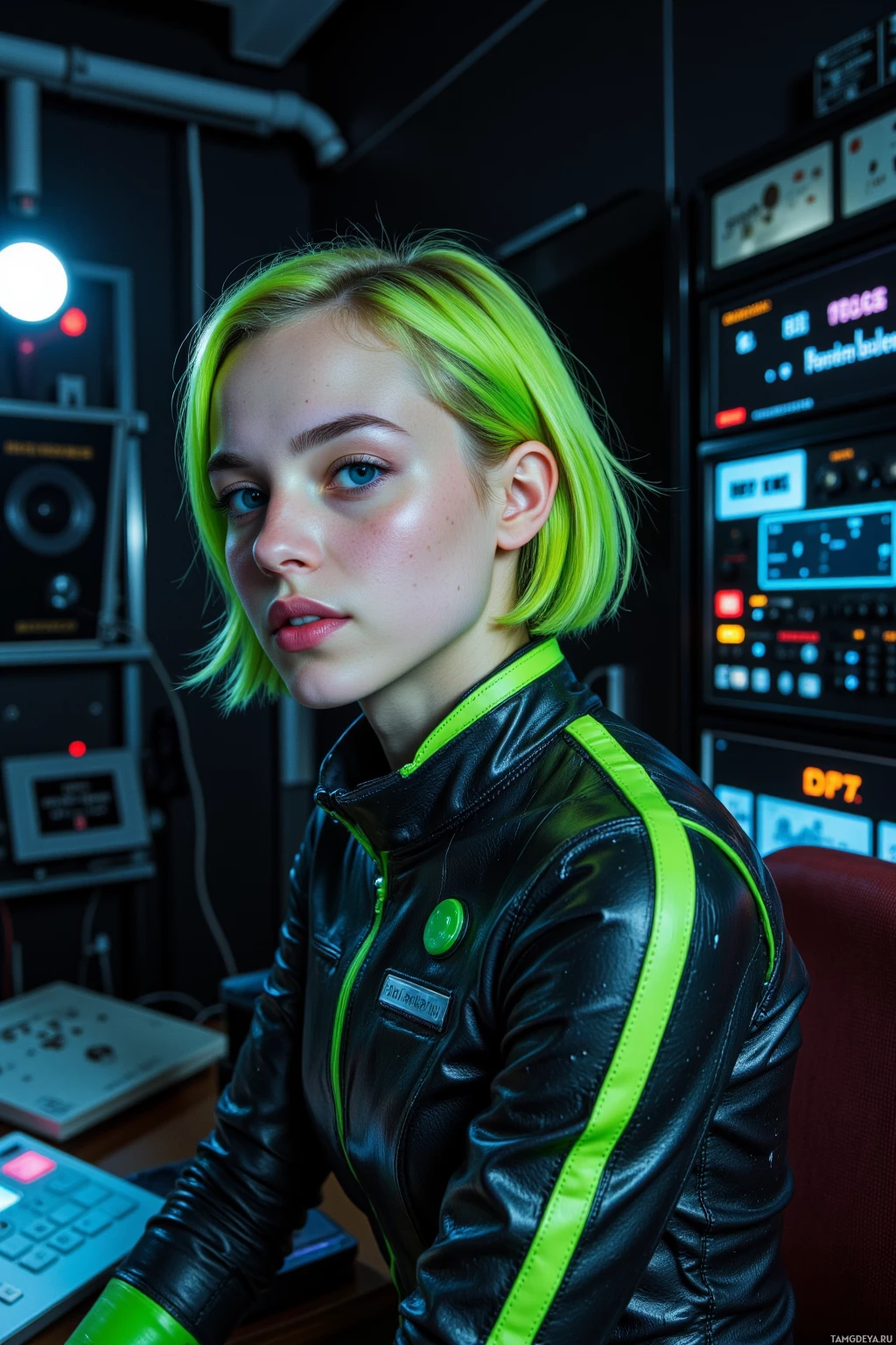 A person with neon green hair and a black leather jacket with green accents is seated in a control room with various electronic equipment.