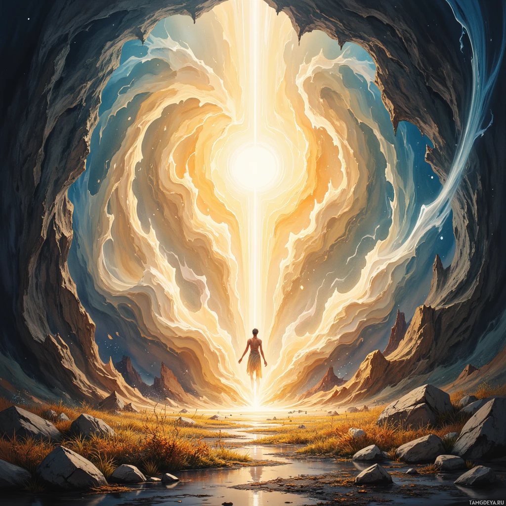 A person stands at the entrance of a glowing, ethereal portal leading to a serene landscape.