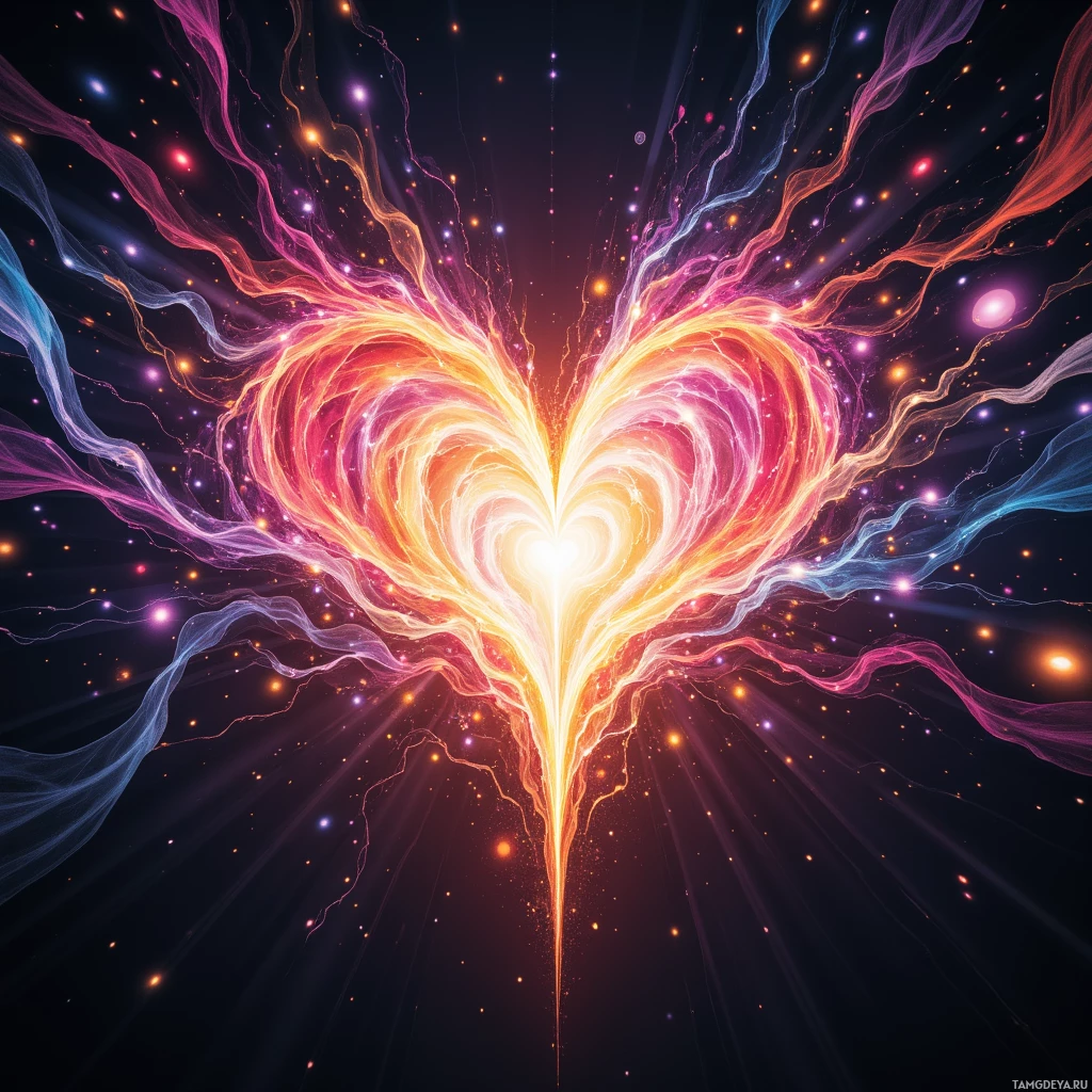 A vibrant heart-shaped burst of light and energy against a starry background.