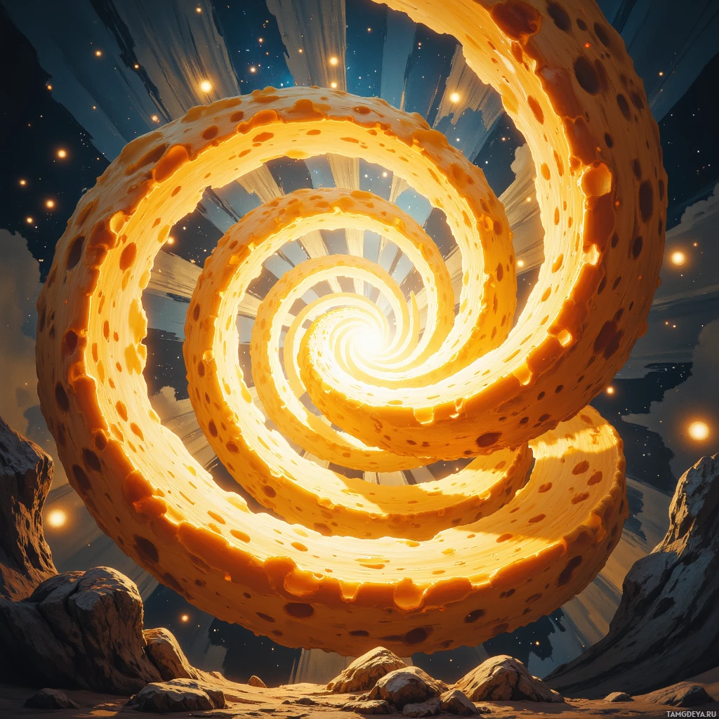 A spiral structure resembling a slice of Swiss cheese with a glowing center, set against a cosmic background.