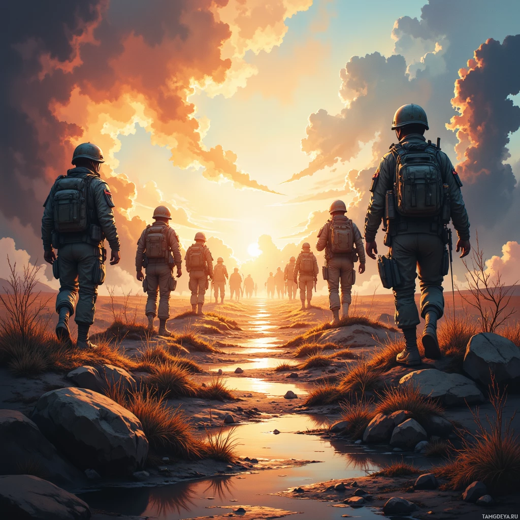 A group of soldiers in uniform walks along a rocky path towards a sunset.