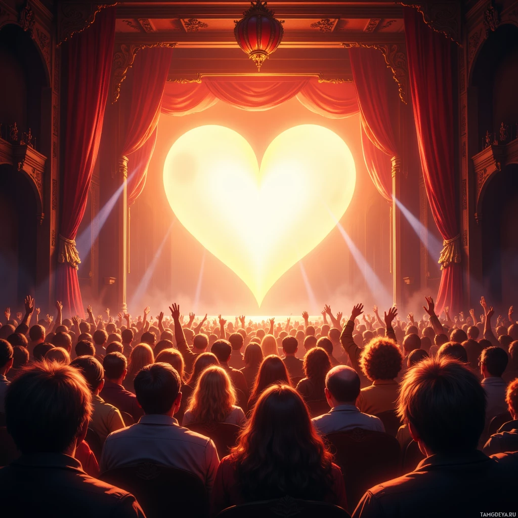A crowd in an ornate theater raises their hands, gazing at a glowing heart on the stage.