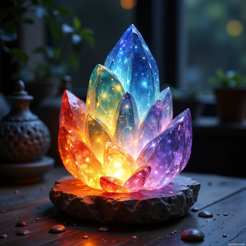 A glowing, multi-colored crystal lamp shaped like a lotus flower sits on a dark surface.