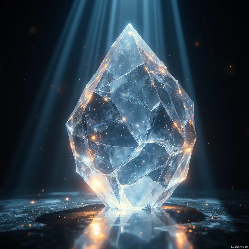 A glowing, faceted crystal with light beams and particles around it.