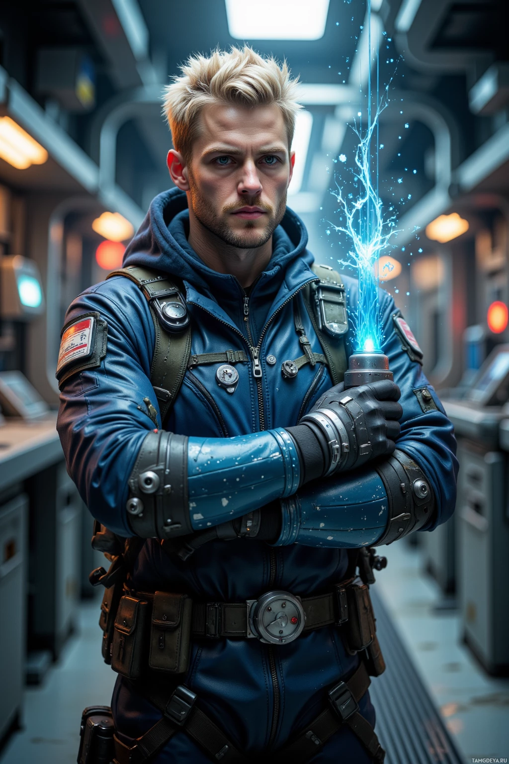 A person in futuristic attire holds a glowing blue device with sparks emanating from it.