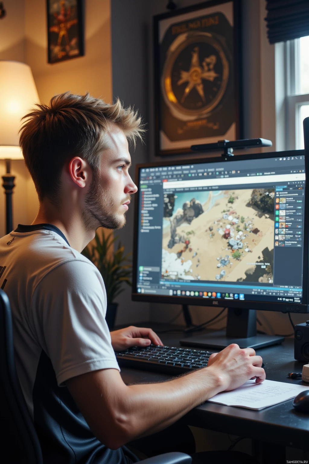 A person is sitting at a desk, working on a computer with a map displayed on the screen.