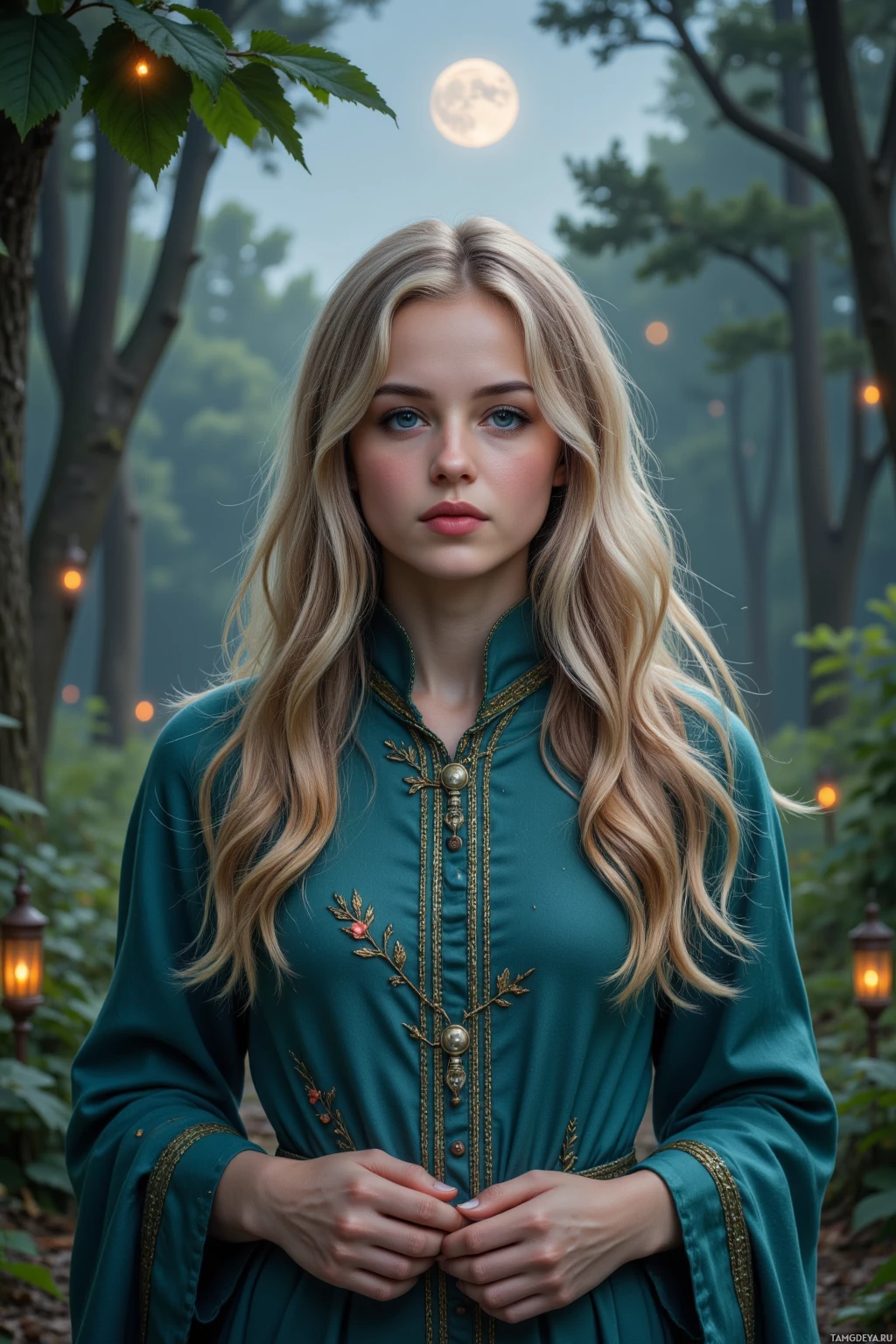 A woman in a teal dress with gold embroidery stands in a forest under a full moon.
