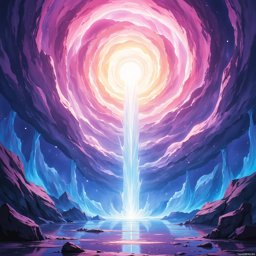 A vibrant, surreal landscape featuring a glowing portal in the sky and icy formations below.