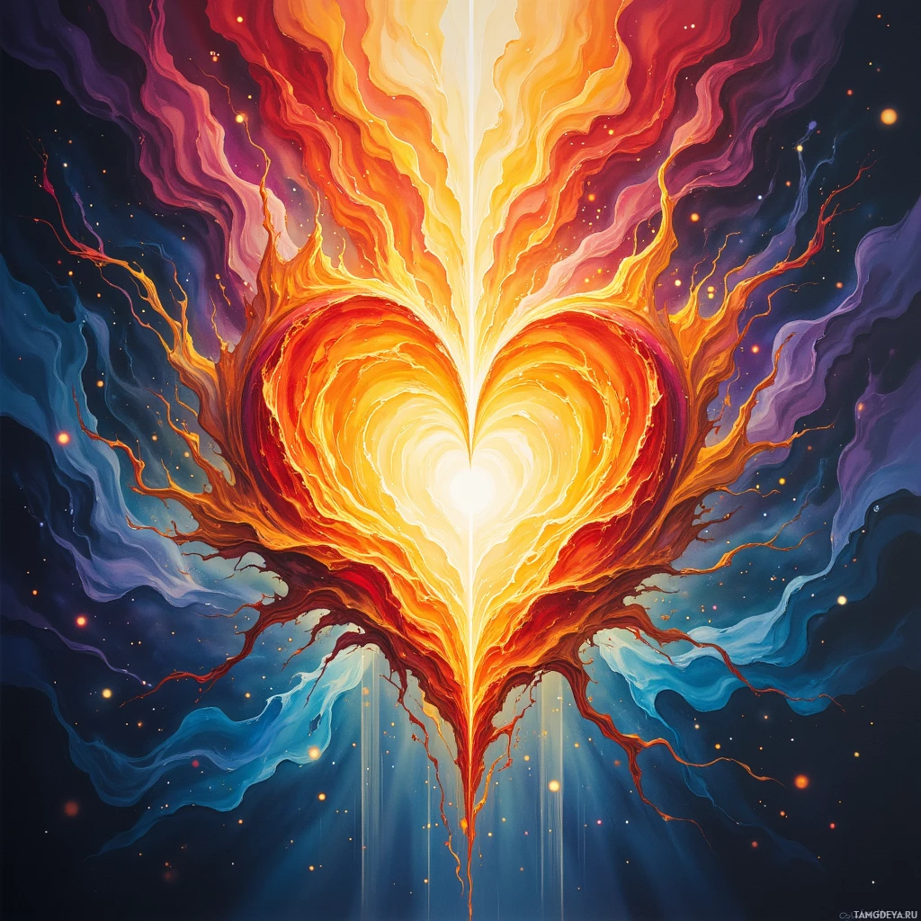 A vibrant, abstract heart radiates fiery hues against a cosmic background.