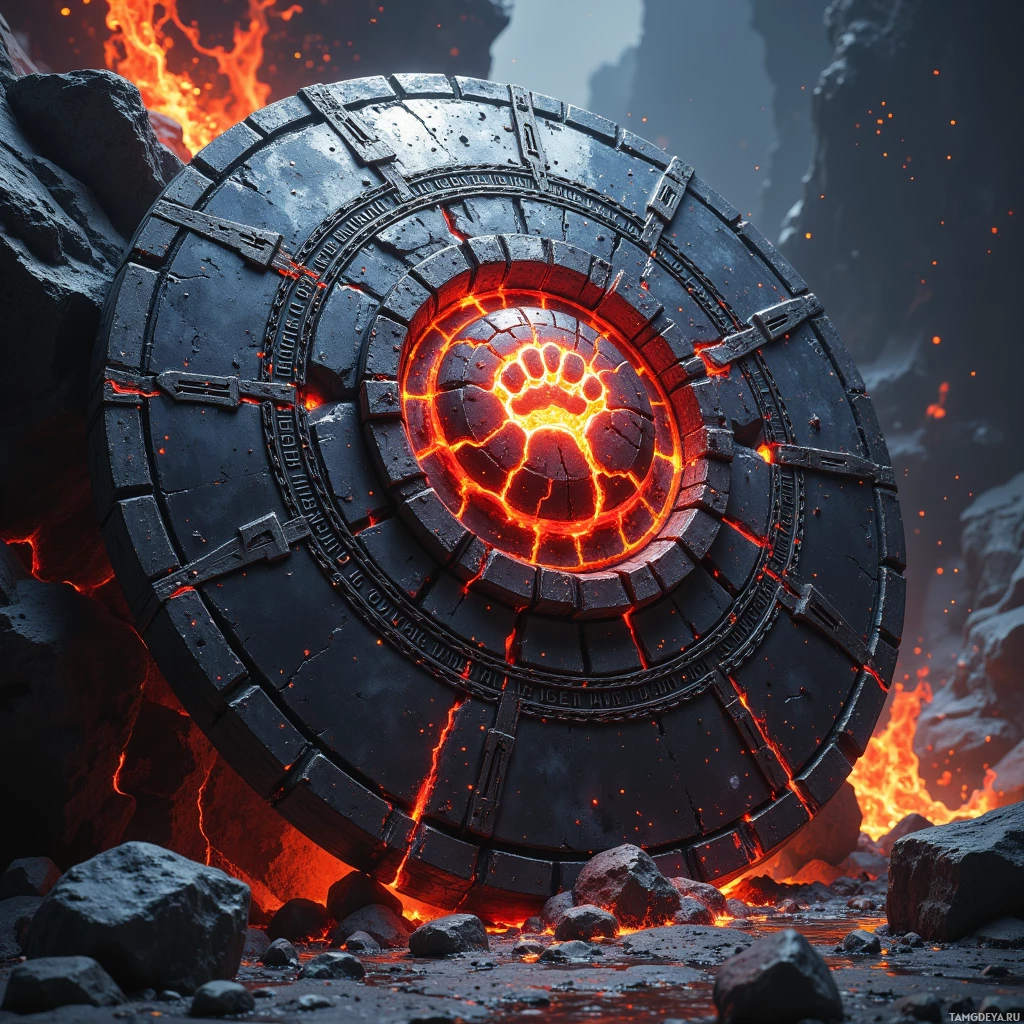 A circular portal with glowing red energy at its center, surrounded by molten lava and rocky terrain.