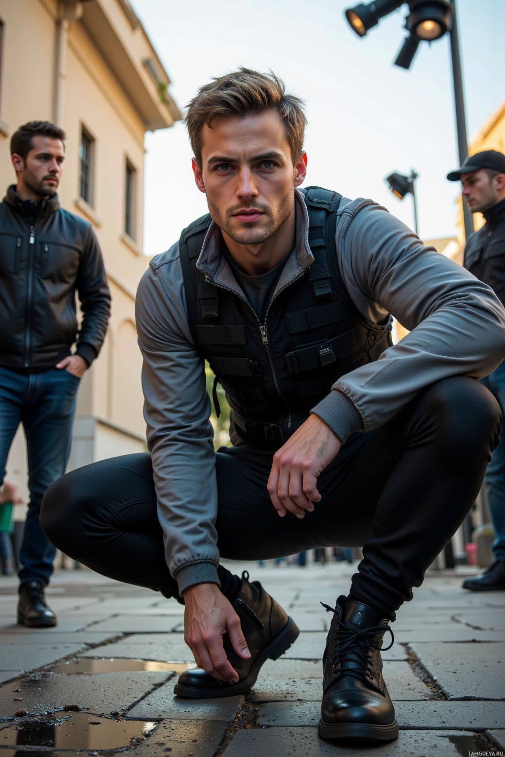 A man in tactical gear squats on a cobblestone street, adjusting his boot.