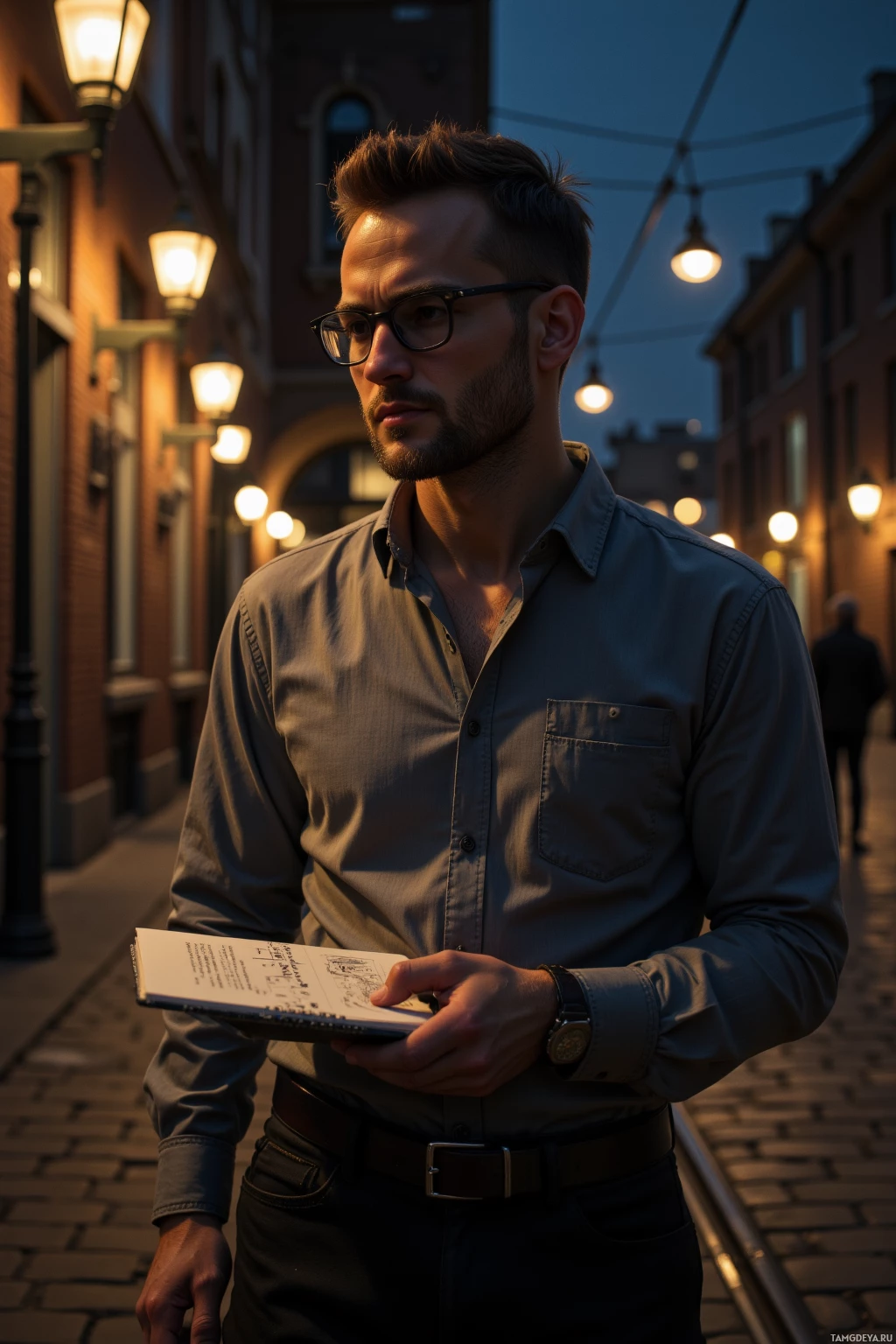 A man in a button-up shirt holds a notebook while walking down a dimly lit street.