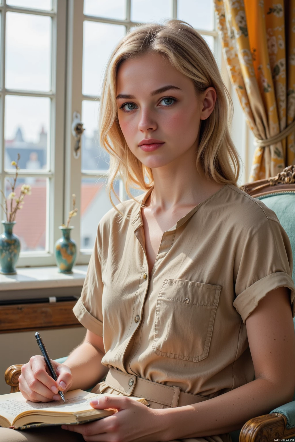 A person in a beige shirt is sitting and writing in a notebook.