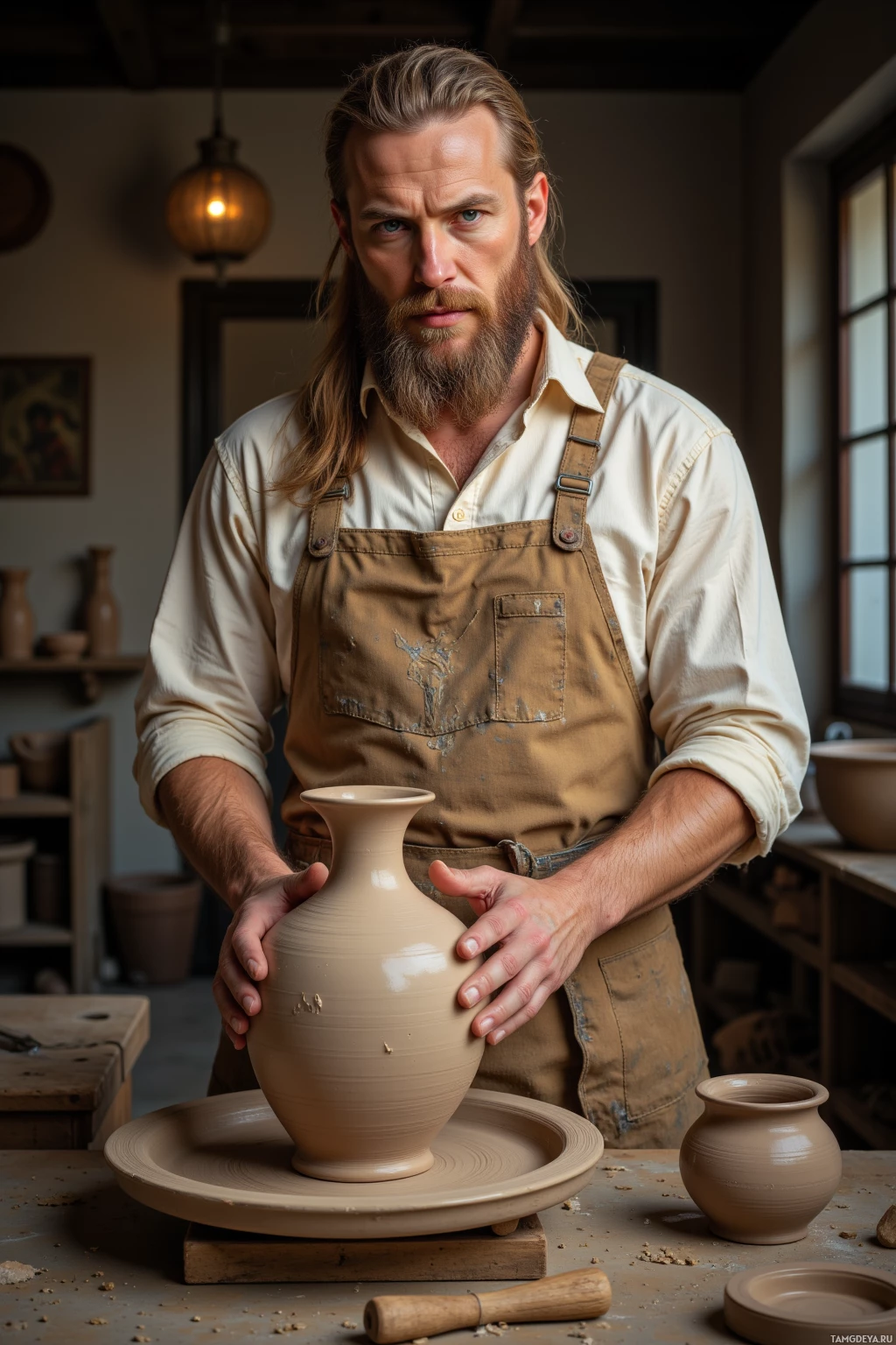 A man in an apron holds a clay pot on a pottery wheel in a workshop.