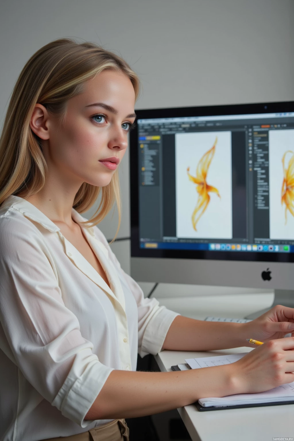 A person is working at a desk with an iMac displaying digital artwork on the screen.