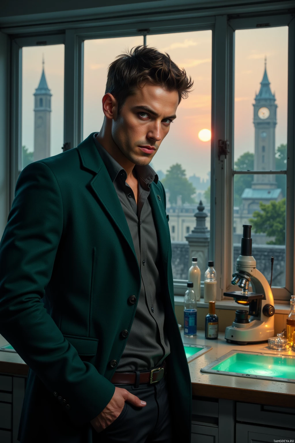 A man in a green suit stands in a laboratory with a cityscape and clock tower visible through the window.