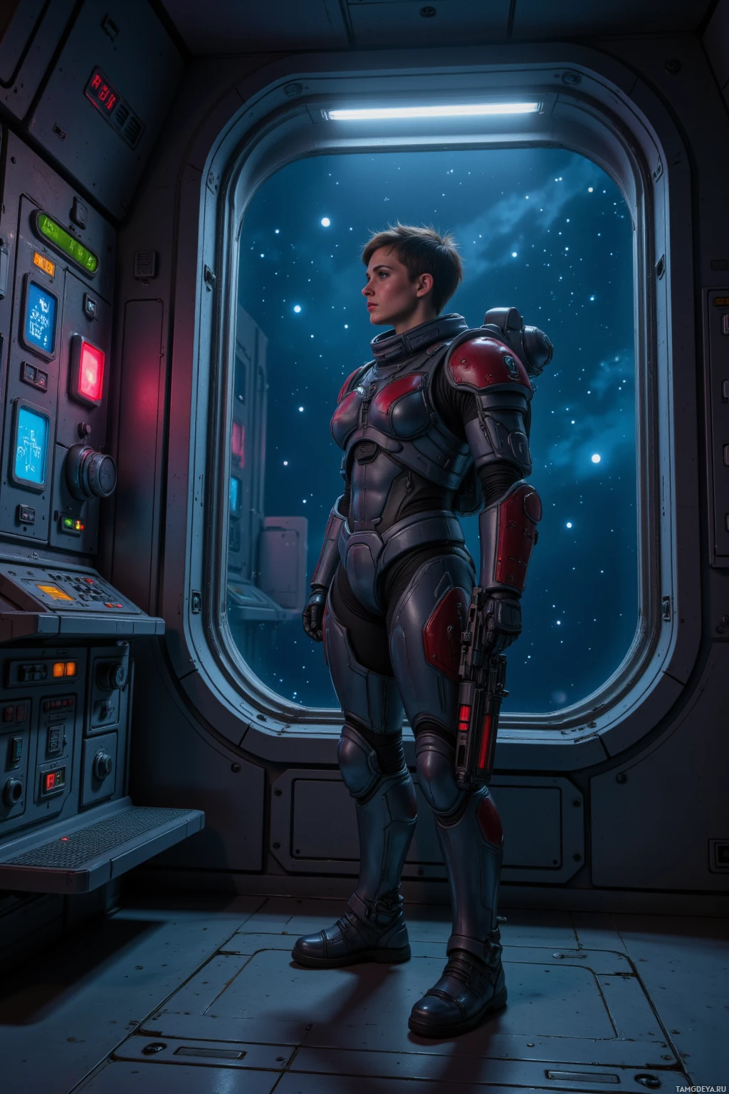 A person in futuristic armor stands inside a spacecraft, gazing out at a starry space view.
