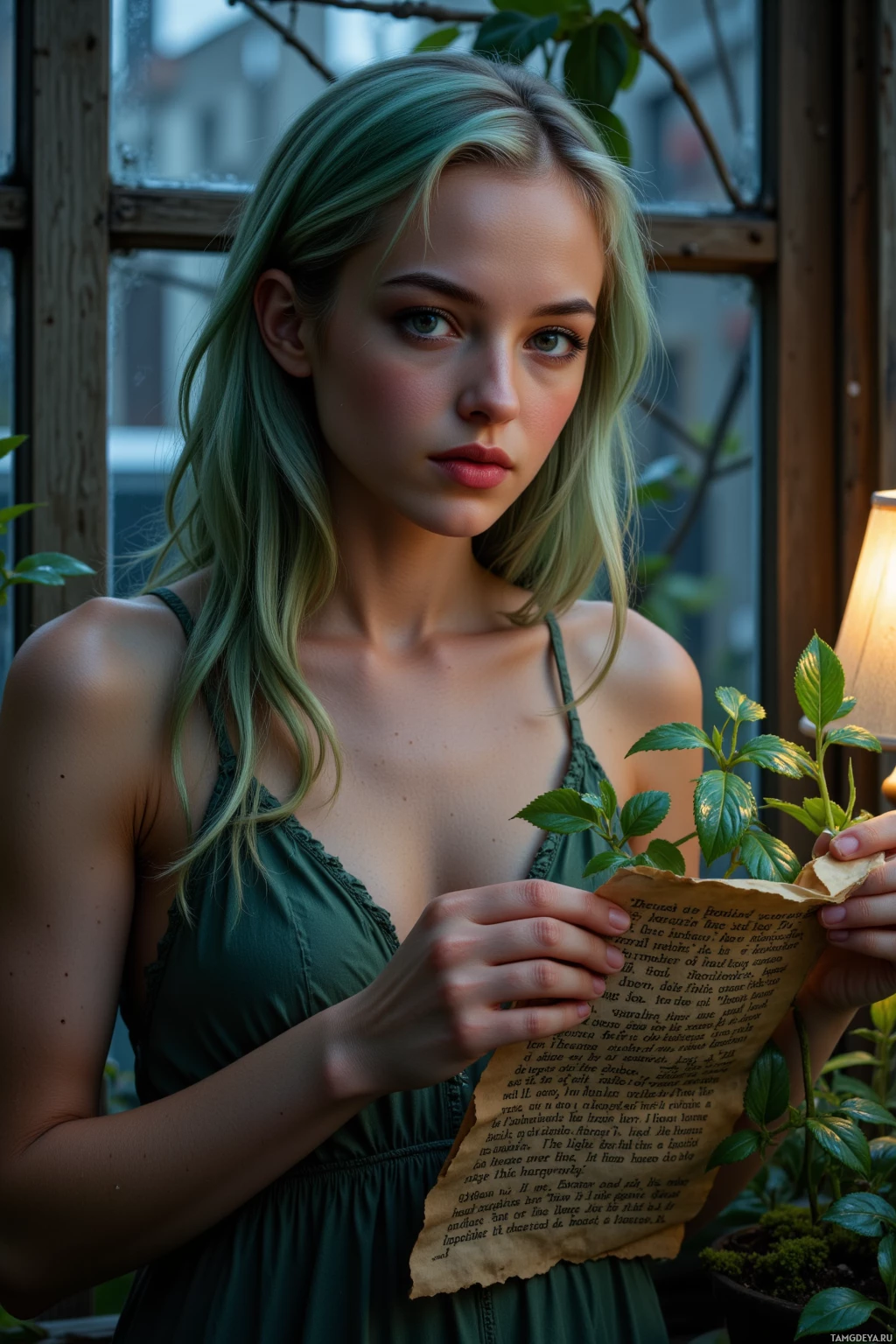 A person with green hair holds a plant and a piece of paper with text.