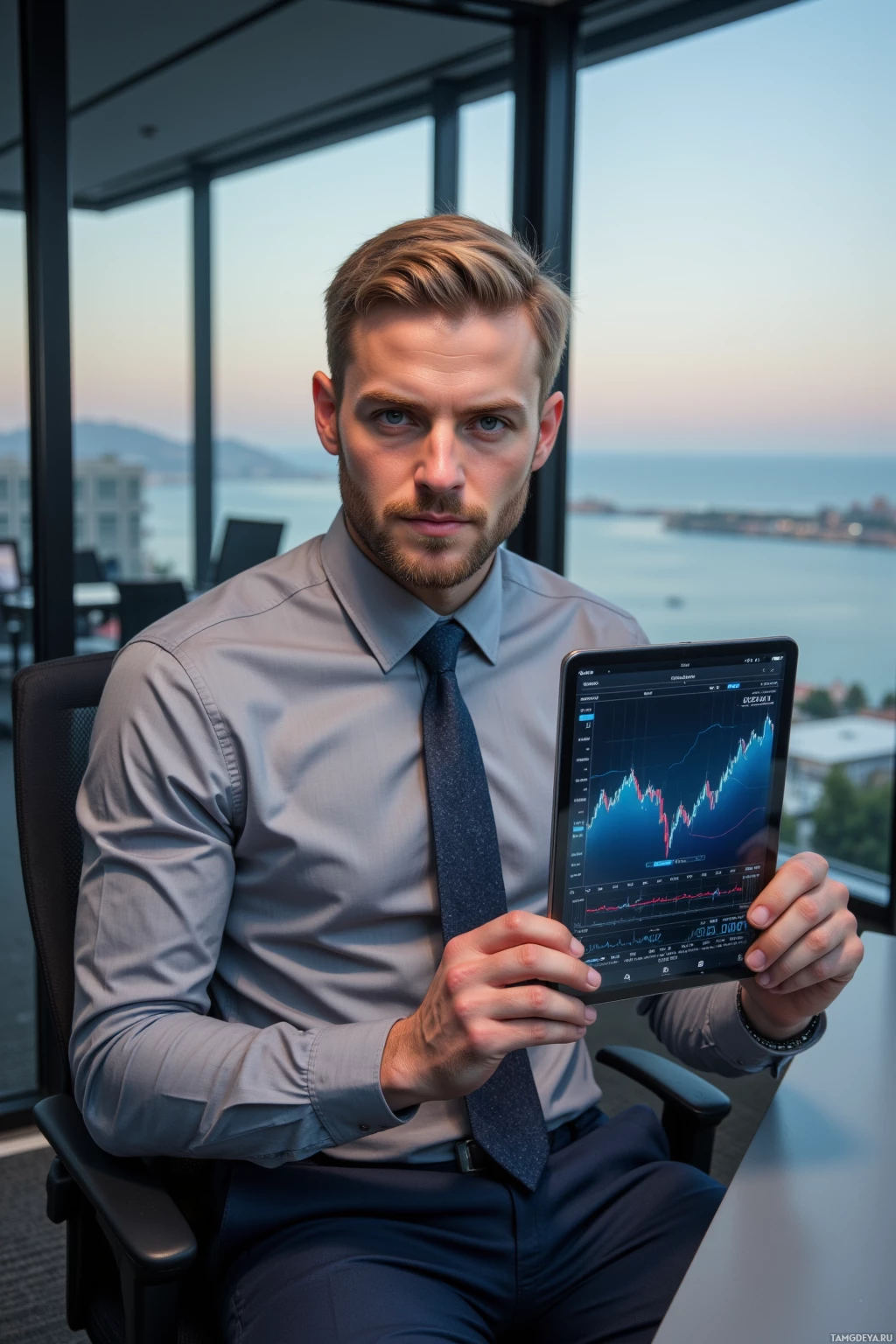 A person in a professional setting holds a tablet displaying a financial chart.