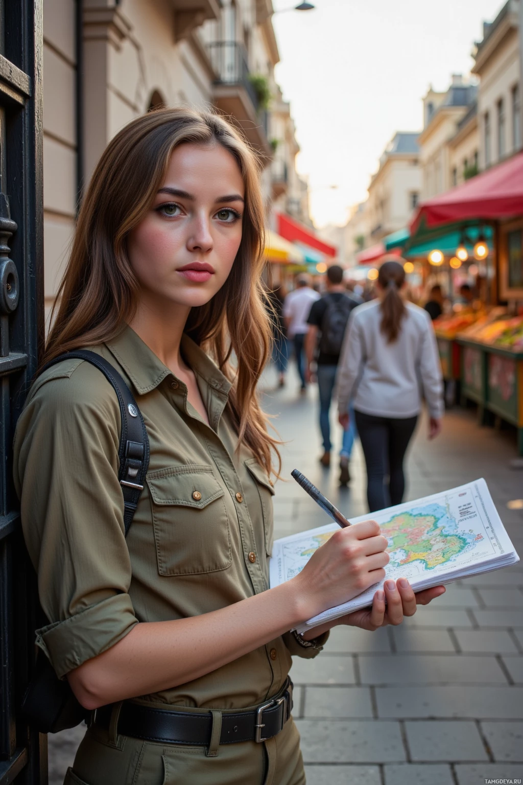 A person in a khaki outfit leans against a door frame, holding a map and pen, with a bustling street scene in the background.