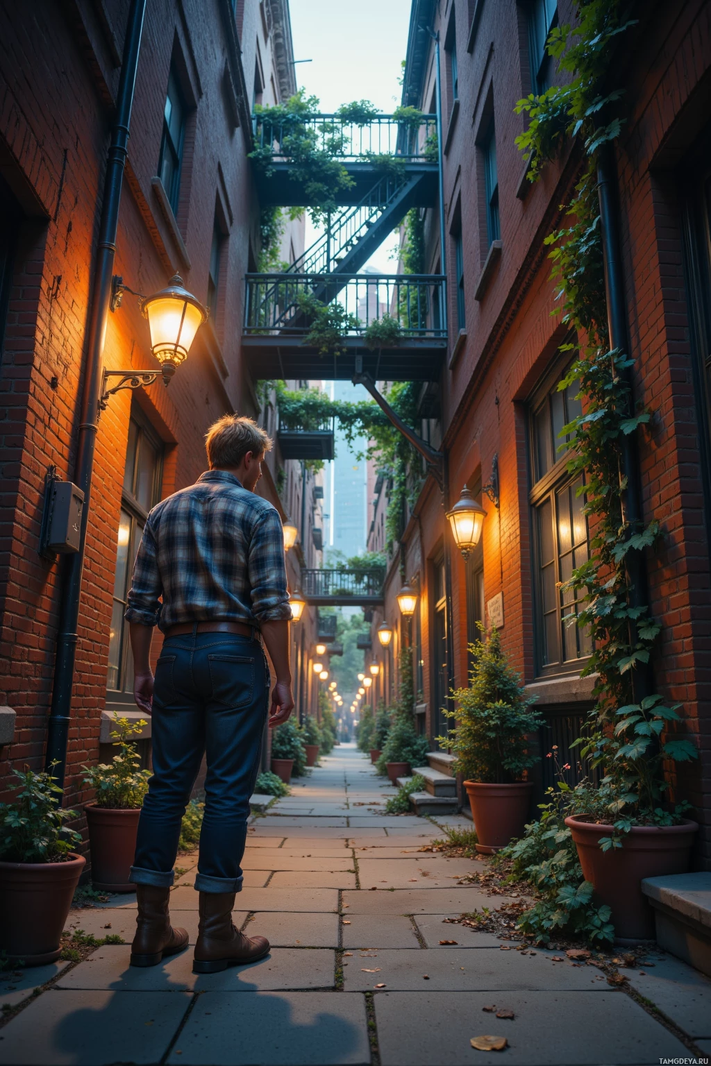 A man stands in a narrow alleyway lined with brick buildings, illuminated by warm streetlights.