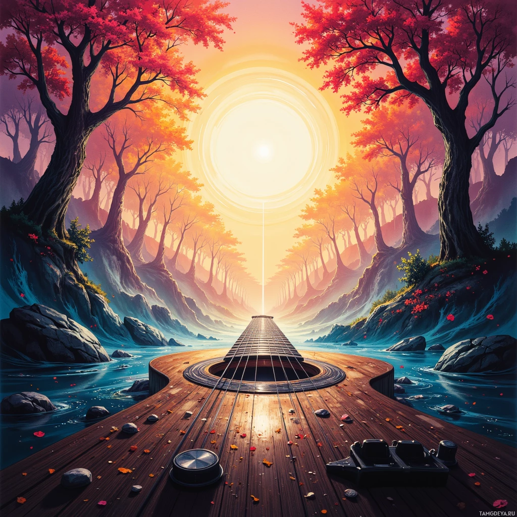 A surreal landscape featuring a guitar-shaped bridge over water with autumn trees and a glowing sun in the background.