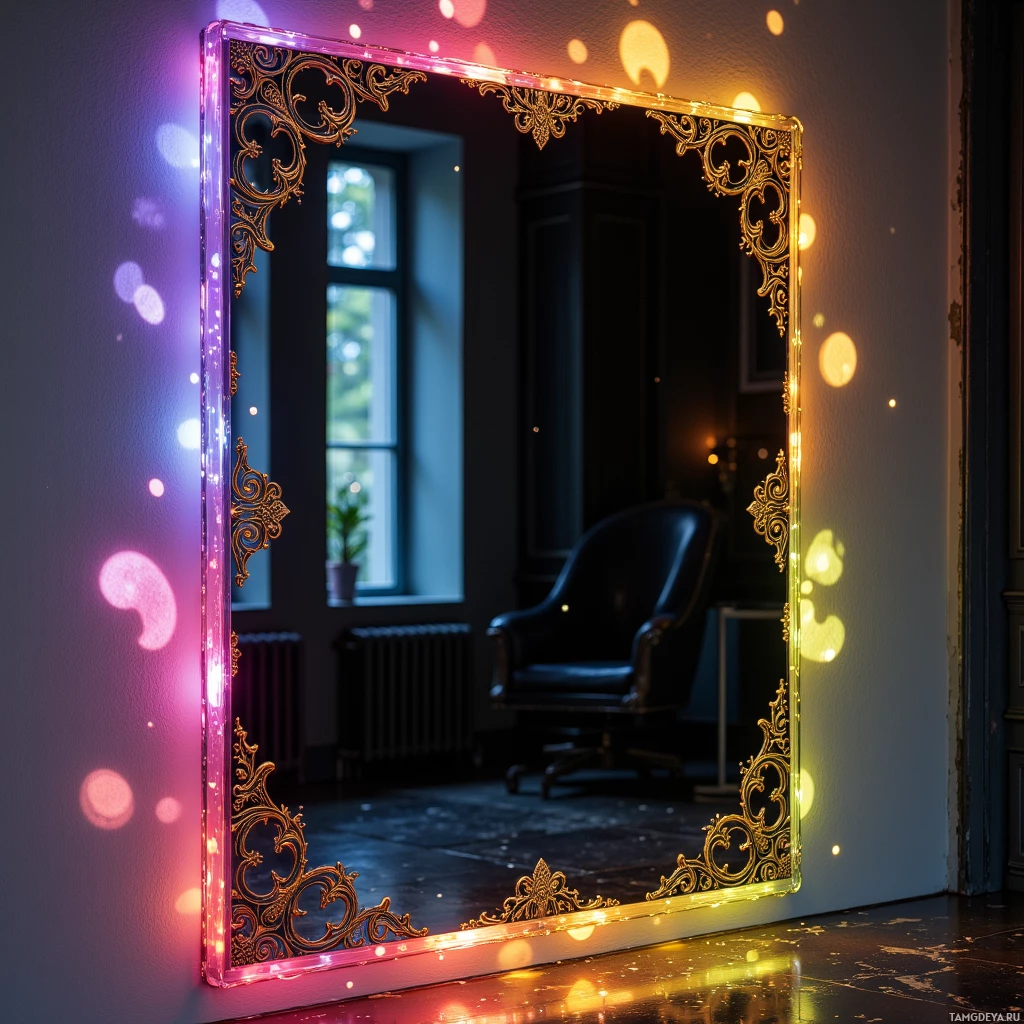 A decorative mirror with illuminated edges reflects a dimly lit room with a chair and window.