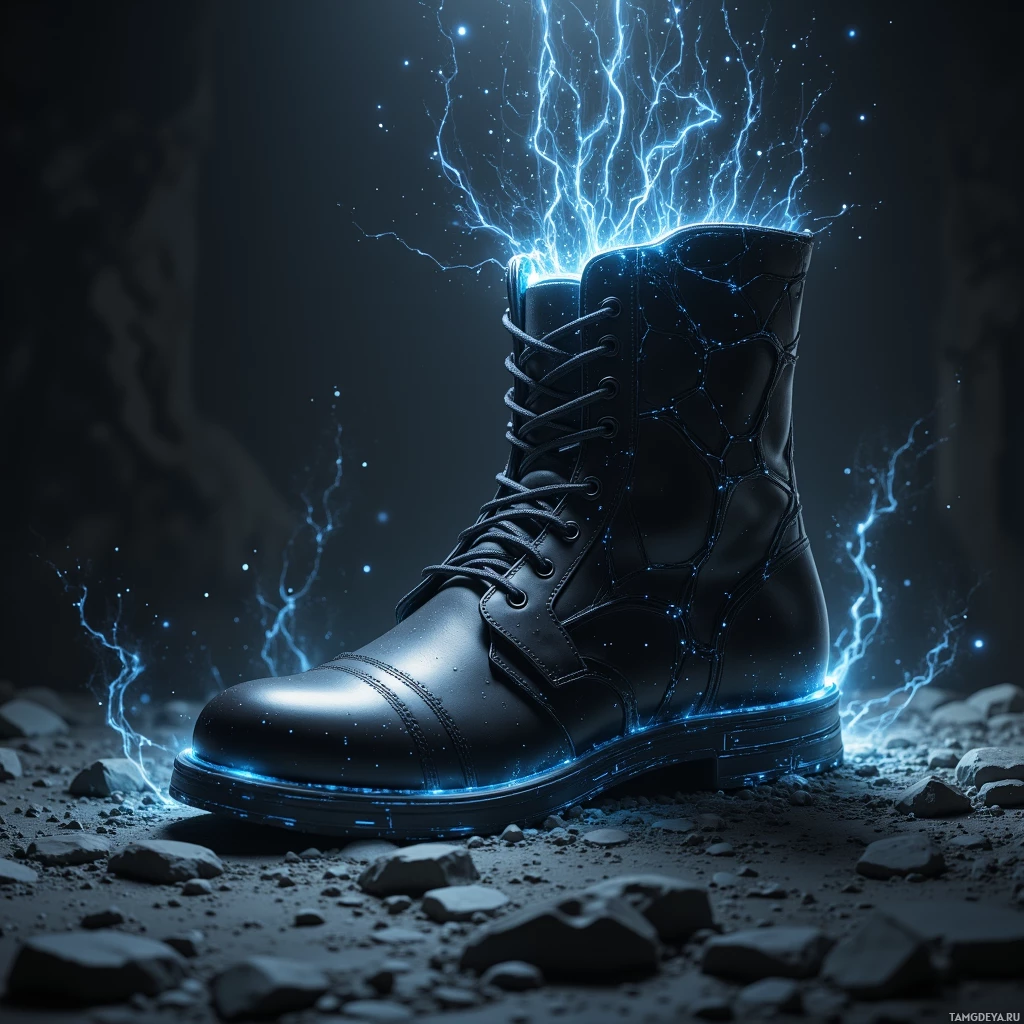 A black combat boot with glowing blue lightning effects.