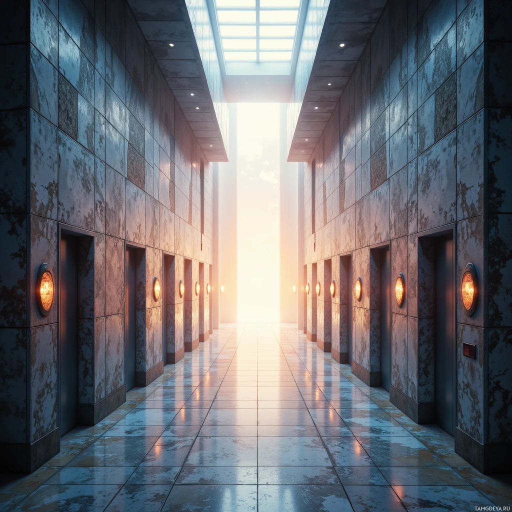 A modern corridor with evenly spaced doors and warm lighting leading to an open doorway at the end.