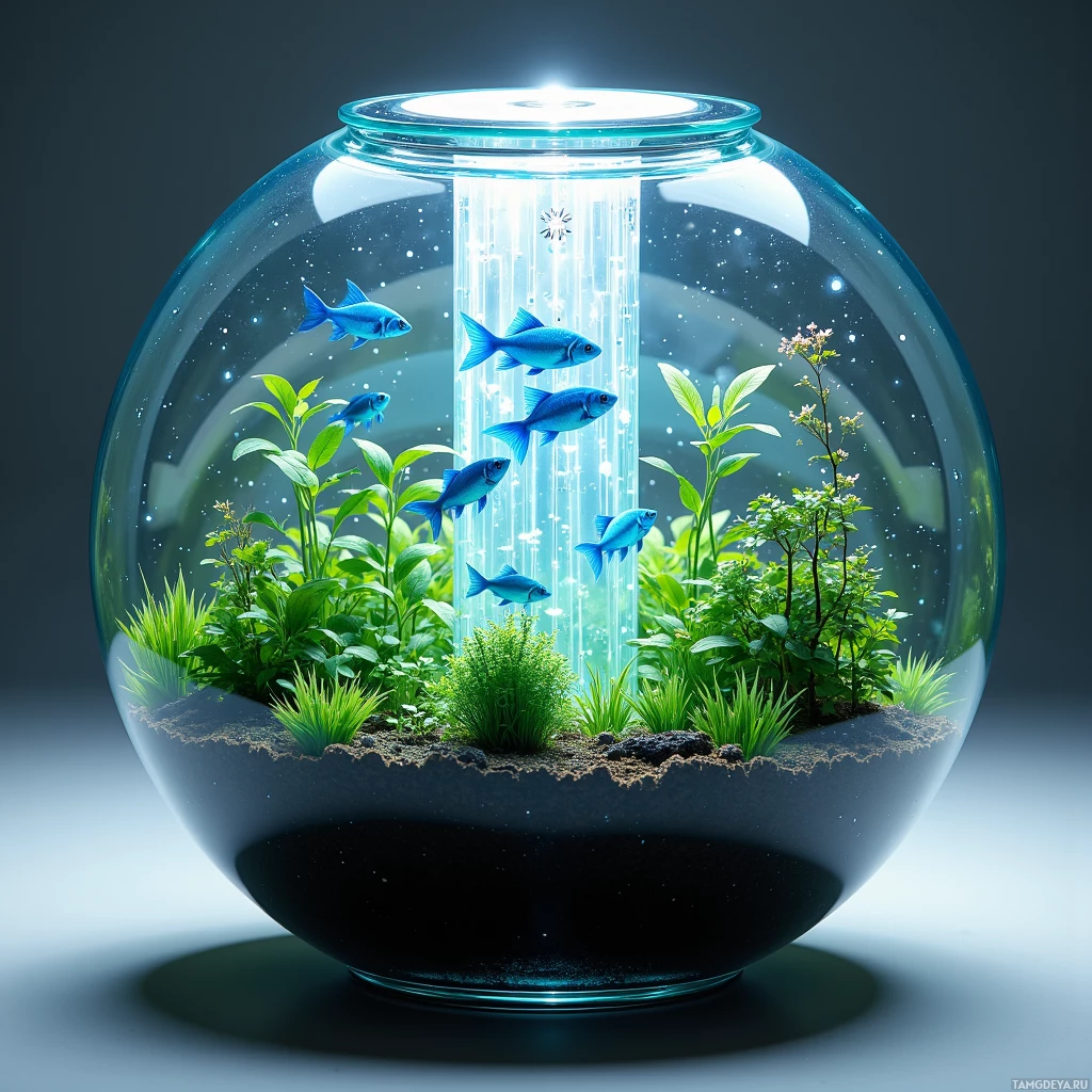 A spherical fishbowl with blue fish and green aquatic plants.