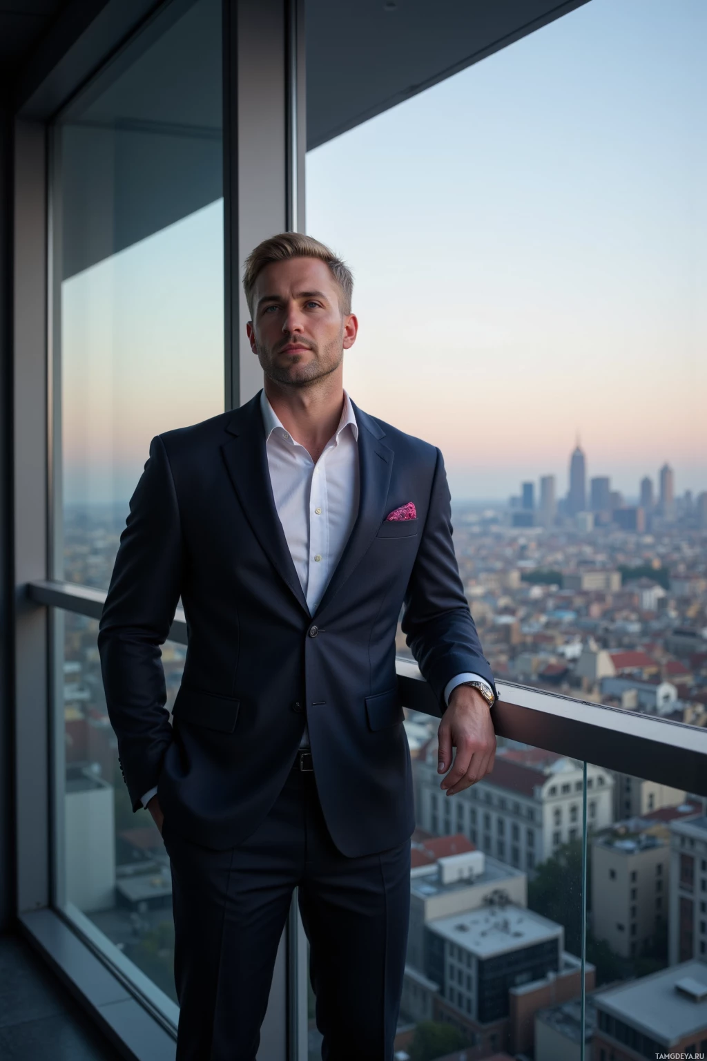 Realistic high quality photo. Tall 37‑year‑old man with short blonde hair, piercing blue eyes, sharp features, composed expression, wearing a tailored dark suit and crisp white shirt, standing on a glass office balcony at dusk overlooking a sprawling urban horizon, holding a sleek prototype, exuding calm confidence and strategic leadership amid a quiet modern office.