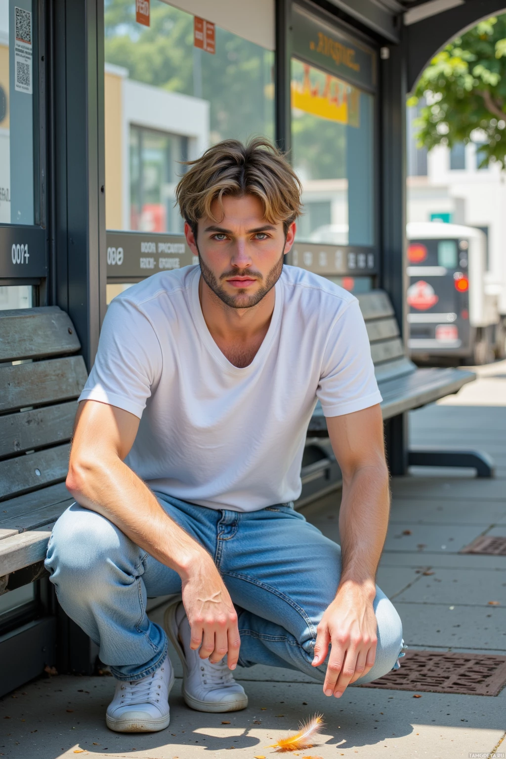 A person in a white t-shirt and jeans squats on a bench outdoors.