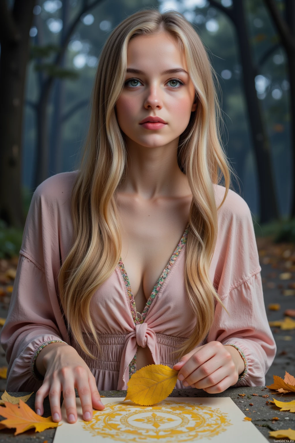 A person with long blonde hair wearing a pink top is holding and arranging yellow leaves on a paper in an outdoor setting.